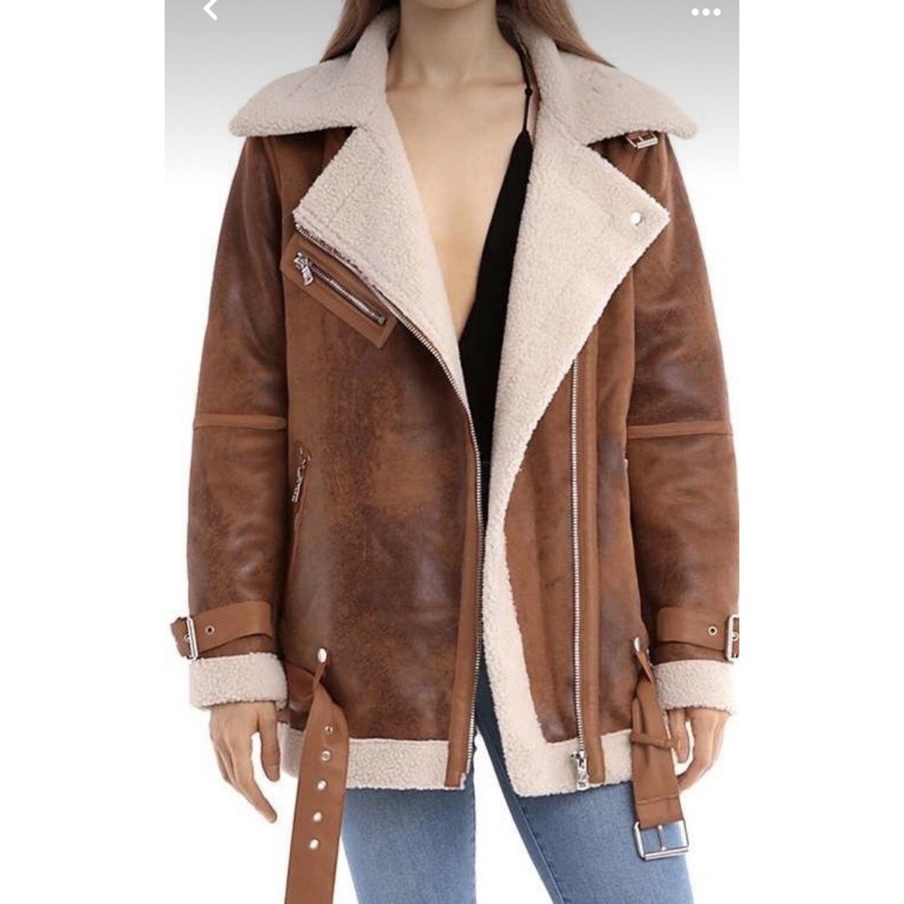 Avec Les Filles Brown Faux Leather Faux Shearling Biker Aviator Jacket xs bomber